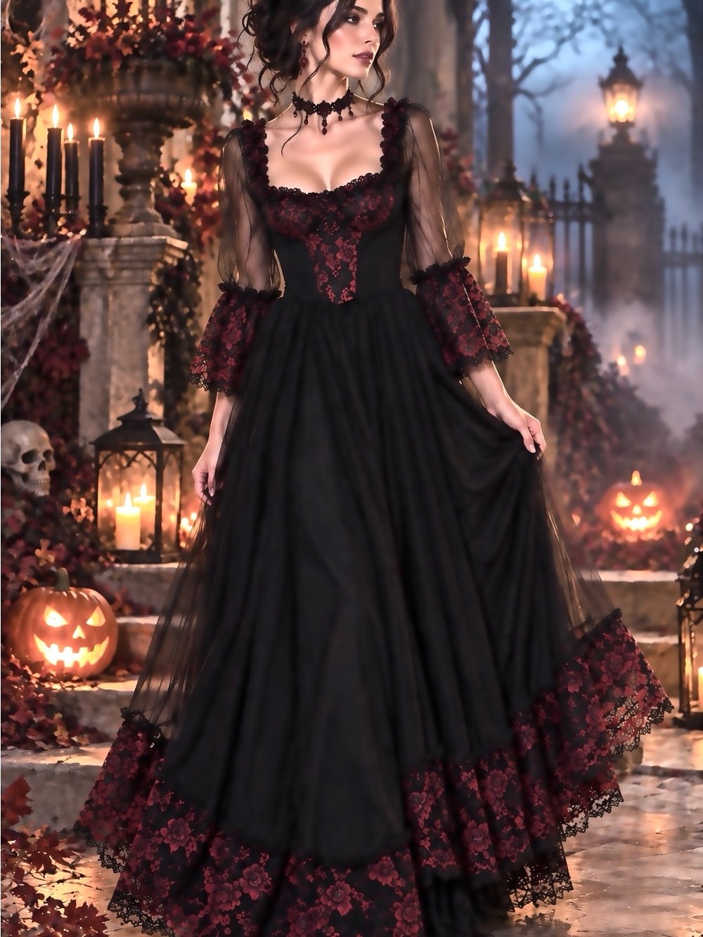 NWT Widow Dolls Kill Dance With Death Black Red Lace Gothic Maxi Dress
